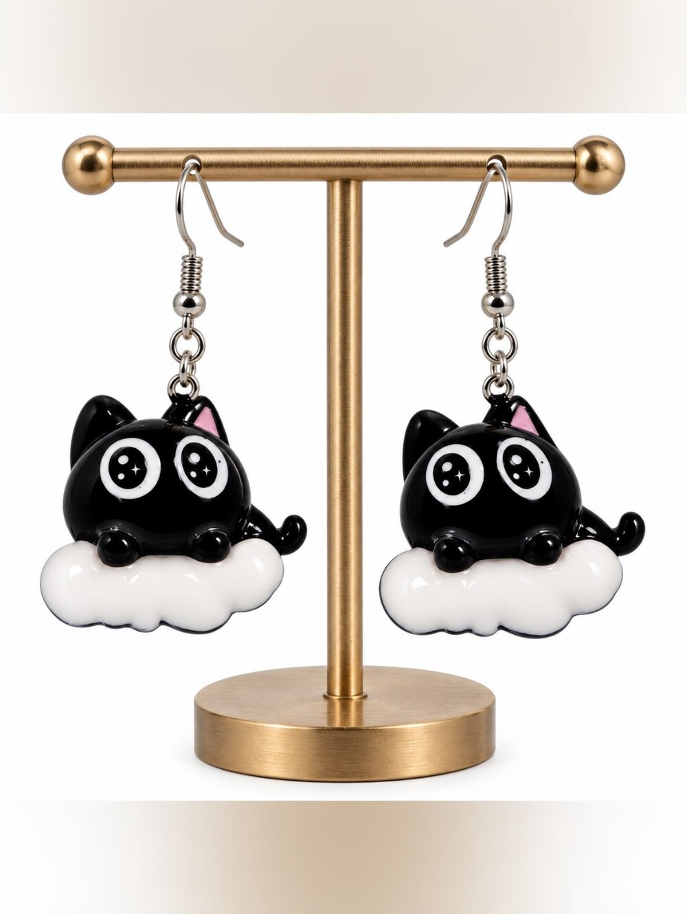 NWOT 2" Black Cat on Cloud Dangle Fish Hook Earrings Kawaii Cute Resin